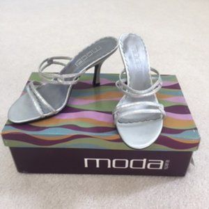 Moda Spana Dressy Silver Iridescent Strap Slip On Backless Heeled Sandal - 6